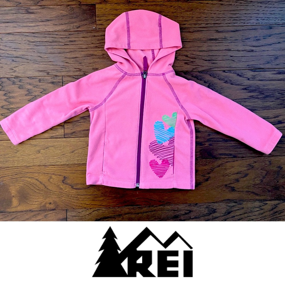 REI Girls Fleece Jacket Pink with Embroidered Heart Detail Size 2T